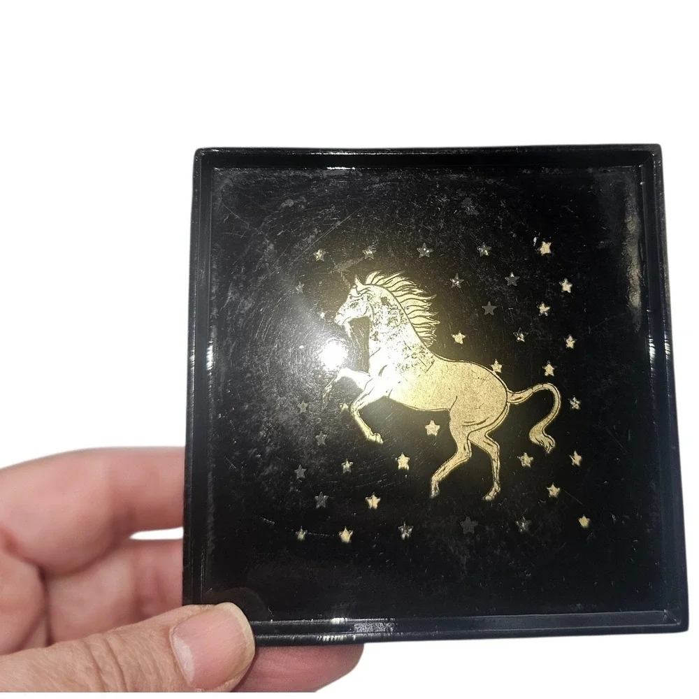 VTG Otagirl Black Gold Unicorn Coaster Set with Holder Stars Celestial 5 Piece